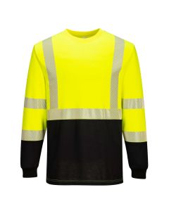Portwest FR709 Flame Resistant Hi-Vis 2-Tone Long Sleeve T-Shirt in Yellow/Black